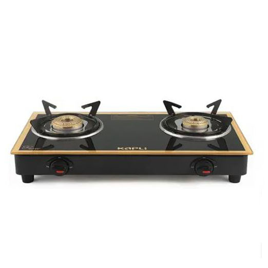 KAPLI Toughened Glass Gas Stove Cooktop Manual | High Efficiency Cast Iron For LPG Glass Manual Gas Stove (2 Burners)