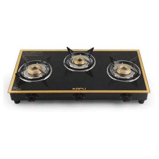KAPLI Premium 3 Burner with Toughened Glass Cooktop & Brass Burners LPG Manual Gas Stove – 3 Burner Gas Stove (Manual Ignition).