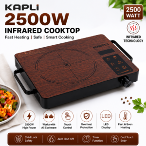 Kapli 2500W Infrared Radiant Cooktop | Compatible with All Cookware | Premium Crystal Glass Top | Touch Sensor Control | LED Display | Overheat Protection | Fast Heating | Brown