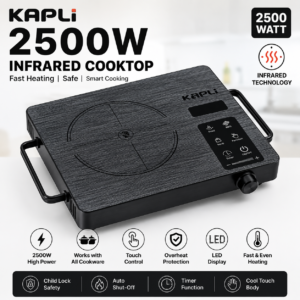Kapli Premium Black Beauty 2500W Infrared Radiant Cooktop | Touch Panel with LED Display | Compatible with All Types of Cookware | Crystal Glass Top | Fast Heating | Timer & Overheat Protection | Black